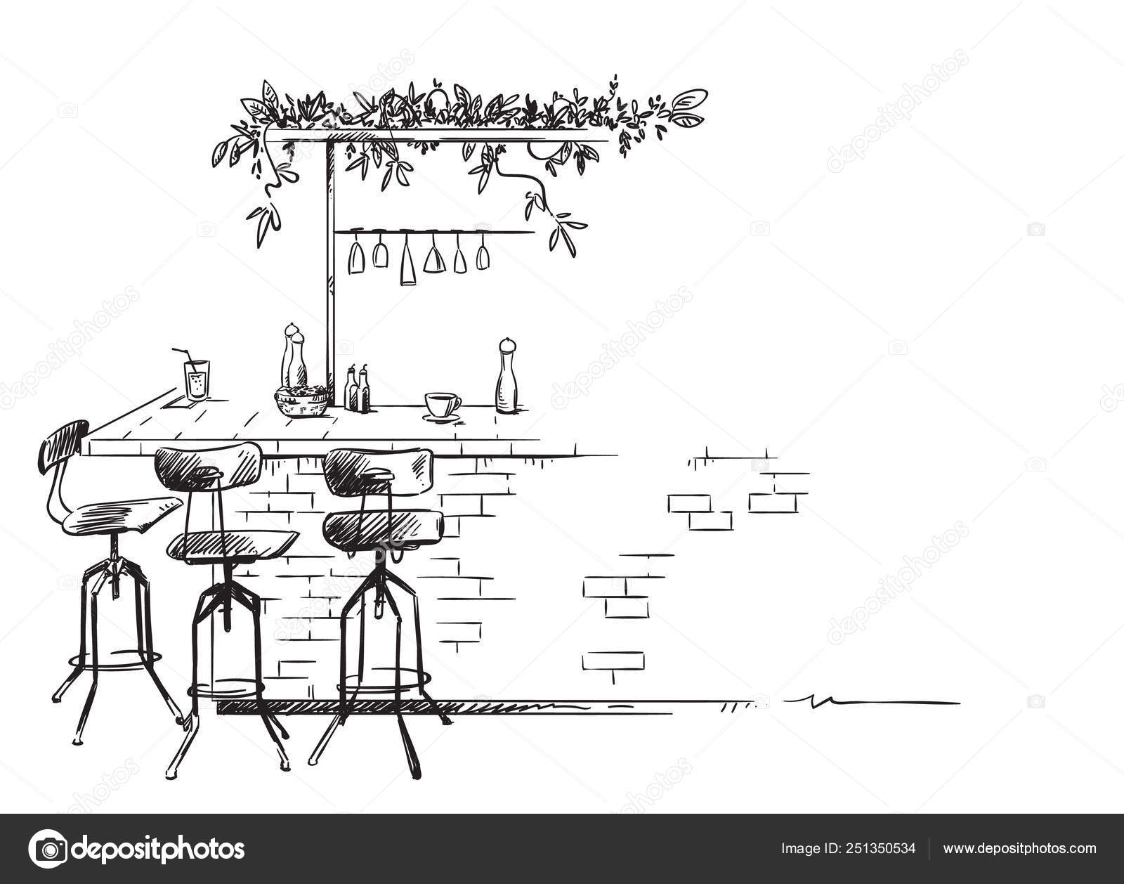 Bar interior sketch, bar stand vector drawing ⬇ Vector Image by