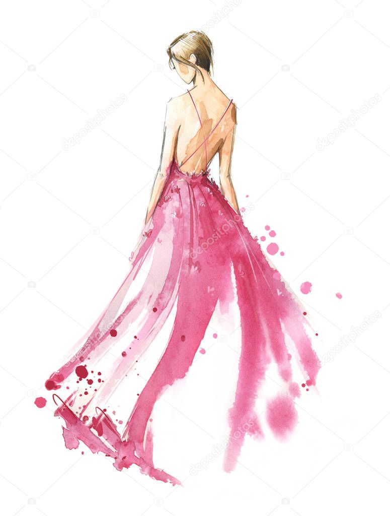 Young woman wearing long evening dress, bride. Watercolor illust