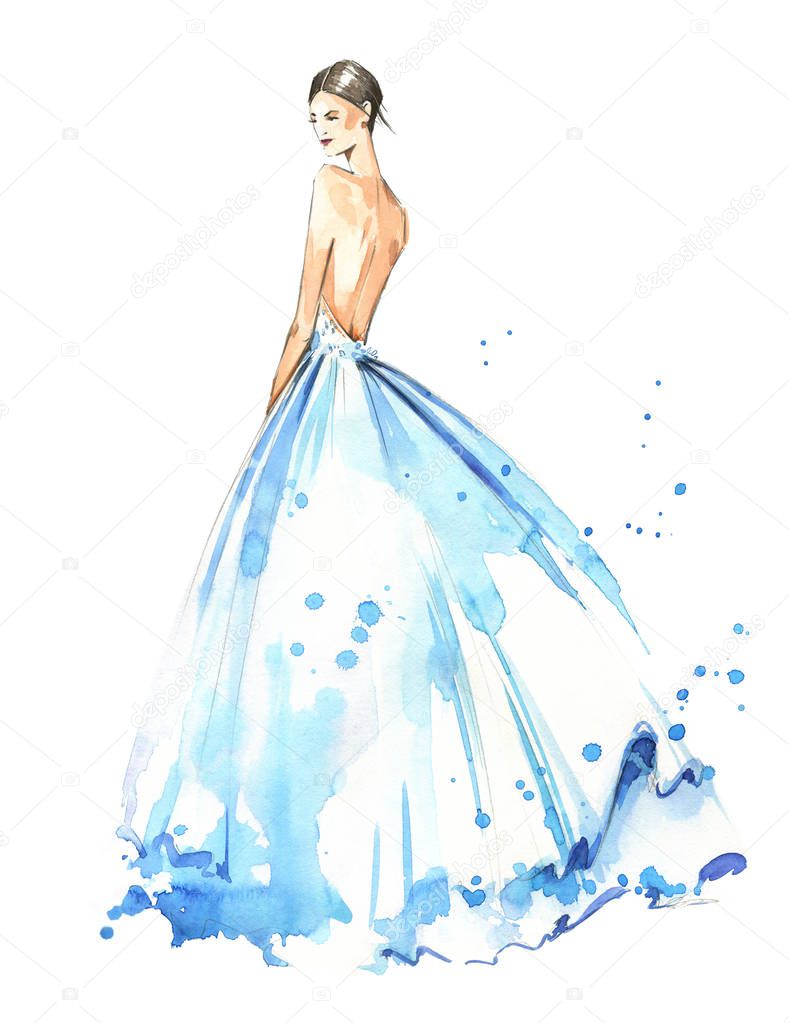Young woman wearing long evening dress, bride. Watercolor illust