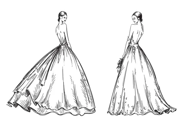 Young women wearing wedding dresses. Bridal look fashion illustr — Stock Vector