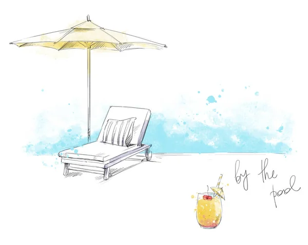 Bij het zwembad. Zonnebank en unbrella met verfrissende cocktail — Stockfoto