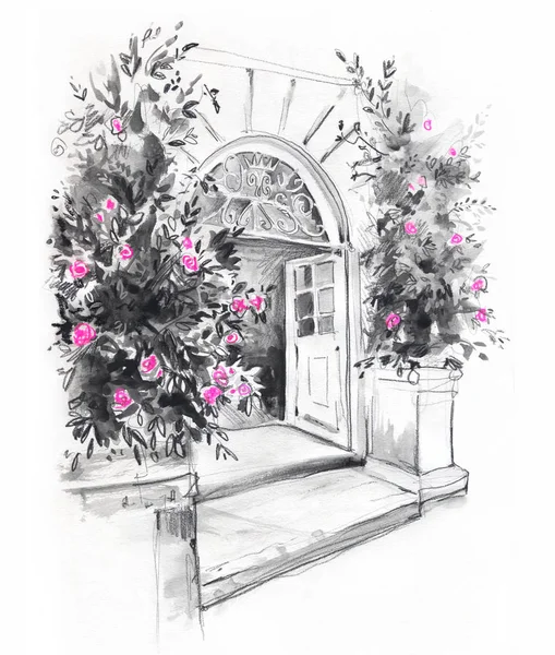 Sketch of the entrance to the victorian building with rosebushes — Stock Photo, Image