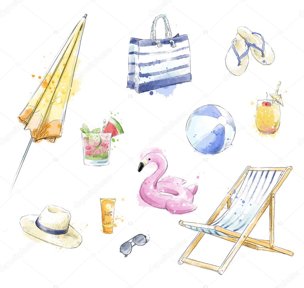 Set of colorful beach accessories. Beach clipart.