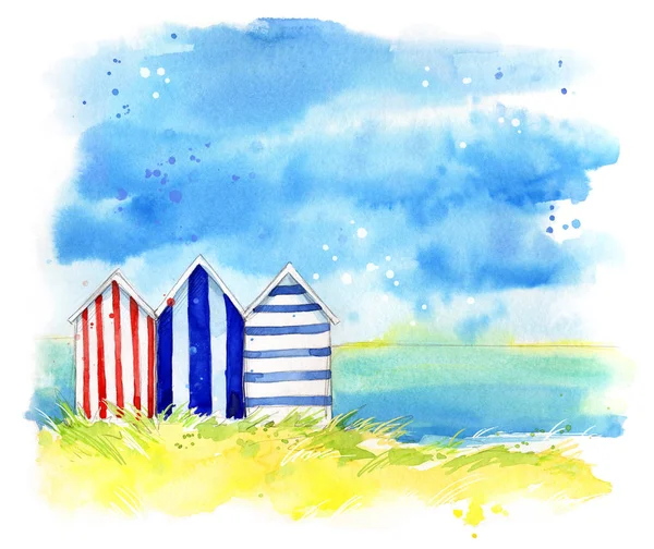 Cabanas de praia à beira-mar, pintura aquarela — Fotografia de Stock