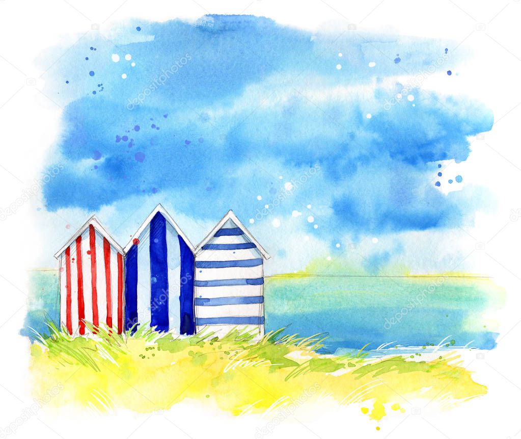 Beach huts by the sea, watercolor  painting 