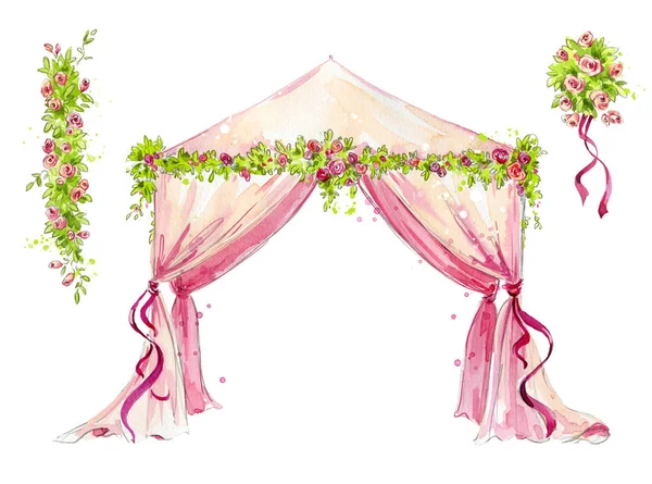 Akvarell bröllop tält med rosor dekoration, romantisk miljö — Stockfoto