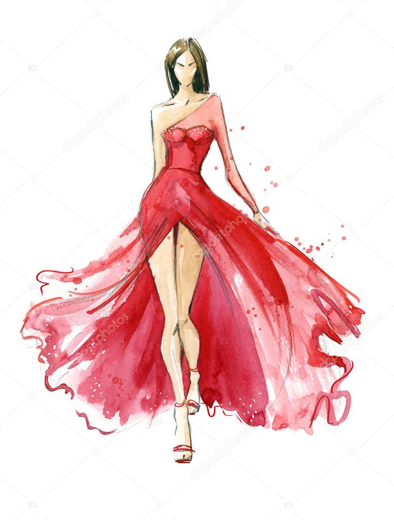 Young woman wearing long evening dress. Catwalk watercolor illus