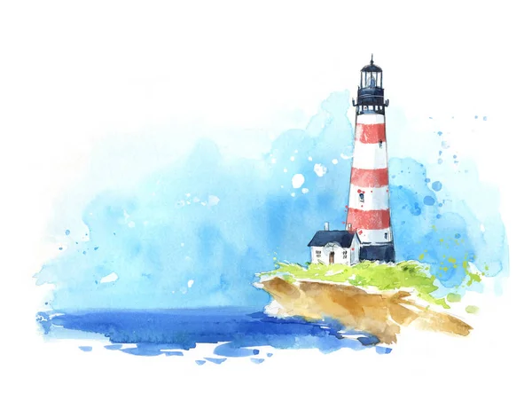 Akvarel majáku u moře, v mořské barvě — Stock fotografie