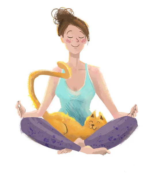 Giovane donna che fa yoga del mattino e meditazione con il suo gatto — Foto Stock