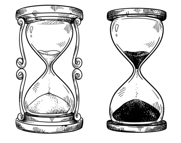 Conjunto de 2 vintage arena reloj de arena vector blanco y negro dibujo — Archivo Imágenes Vectoriales
