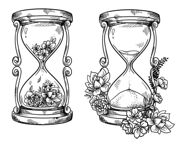 Lot de 2 sabliers vintage avec dessin vectoriel fleurs — Image vectorielle