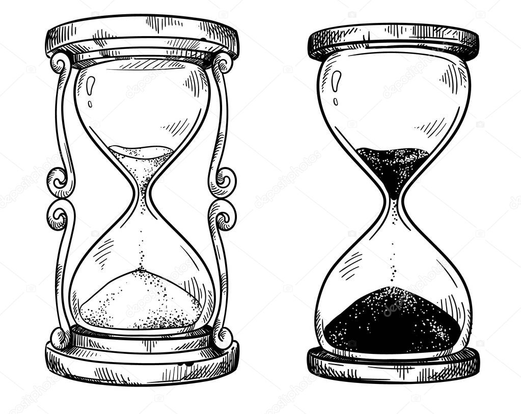 Set of 2 vintage sand  hourglasses vector black and white drawing
