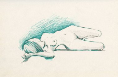 Yalan söyleyen güzel genç bir kadının kalem çizimi