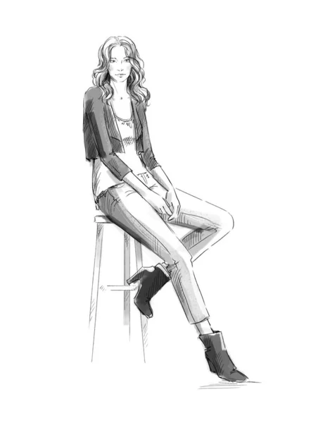 Векторная иллюстрация молодой женщины, сидящей на барном стуле . — стоковое фото