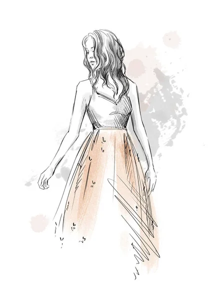 Ilustración de moda. Chica en un vestido romántico, dibujo a lápiz — Foto de Stock