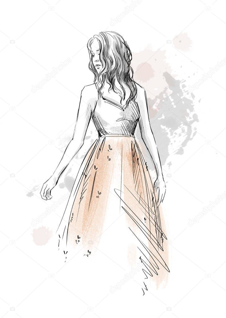 fashion illustration. Girl in a romantic dress, pencil sketch