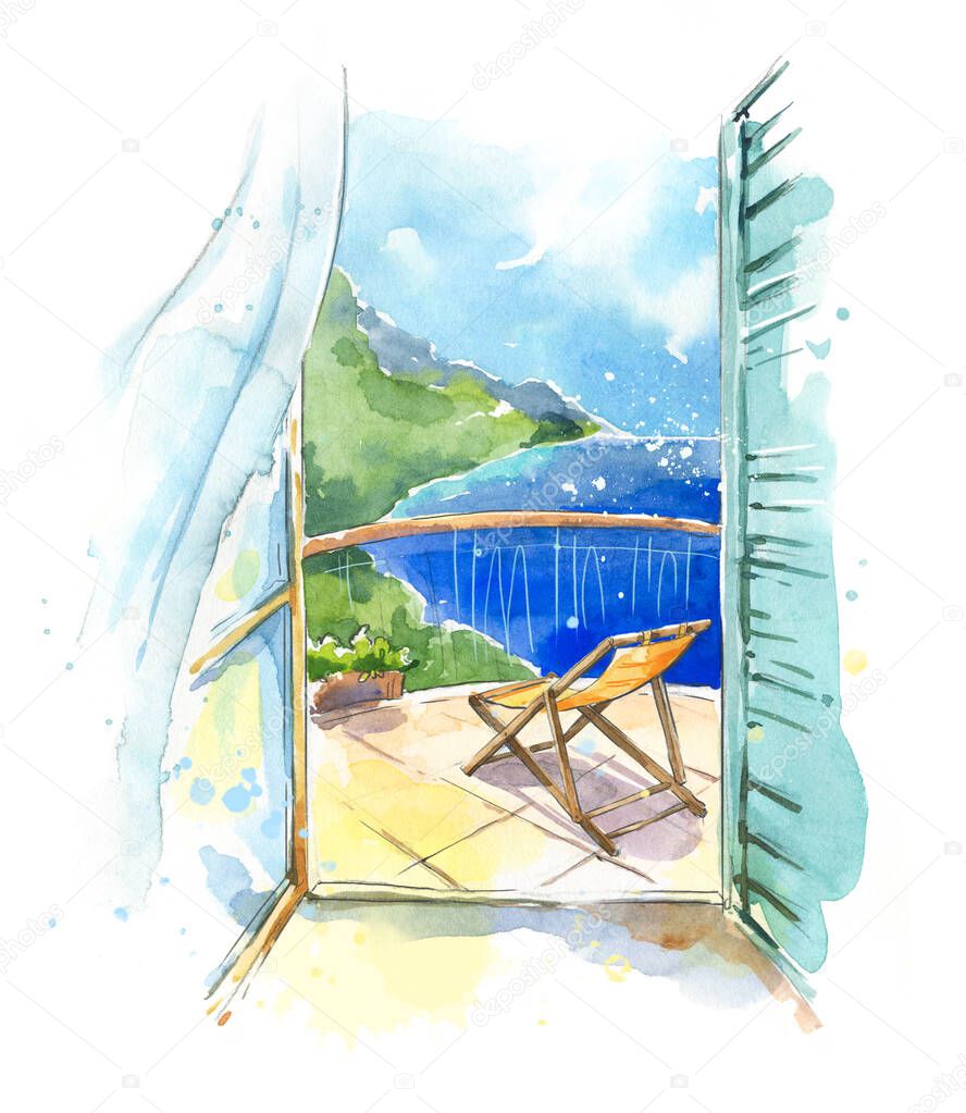Sea view from the balcony at the seaside, watercolor illustration