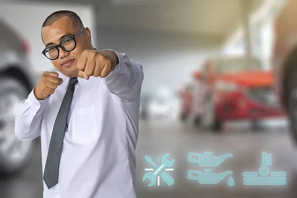 Asian Business Man Wearing Suit Car Showroom Blurry Background Automotive — Stock Photo, Image