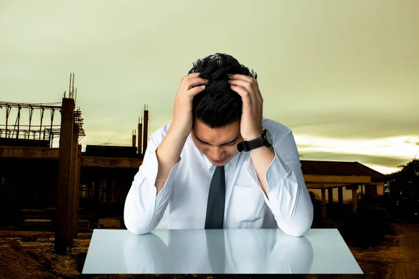 Asian Business Man Sad Sitting Strait Business Man Sitting Chair — Fotografia de Stock