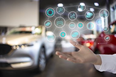 Adam iş ile simge hizmet araba mil Pano, yağ tankı, İngiliz anahtarı, showroom office simgesine tornavida arka plan bulanık. Otomotiv otomobil veya ulaşım görüntü için