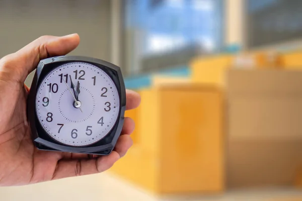 Holding Clock Box Industry Blurred Background Time Noon Midnight Made — Stock Photo, Image