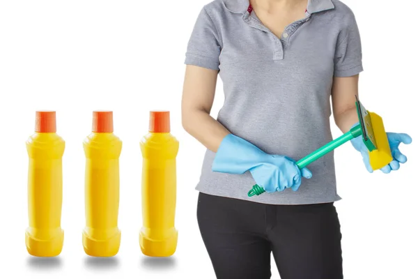 Weibchen mit gelber Flasche für Reinigungspersonal auf isoliertem Rücken — Stockfoto