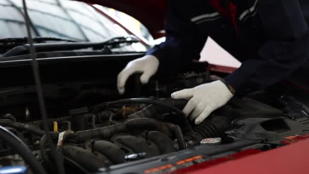 Ein Automechaniker Weißen Handschuhen Überprüft Motor Und Innenleben Eines Autos — Stockvideo