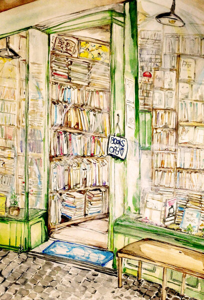 Authentic 2nd hand book store watercolour painting 