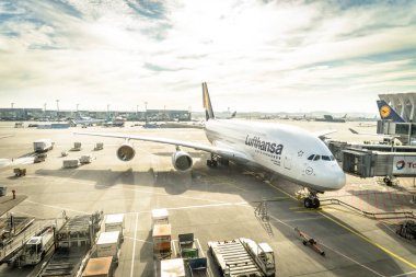 FRANKFURT, GERMANY - FEBRUARY 14: Lufthansa Airbus A380 parked at gate at Frankfurt Airport on  14 th February 2019 in Frankfurt, Germany.