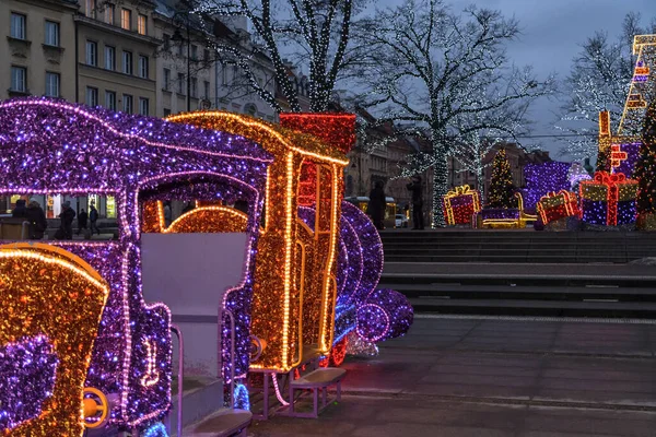 Train Christmas Illumination Warsaw Poland — Foto de Stock