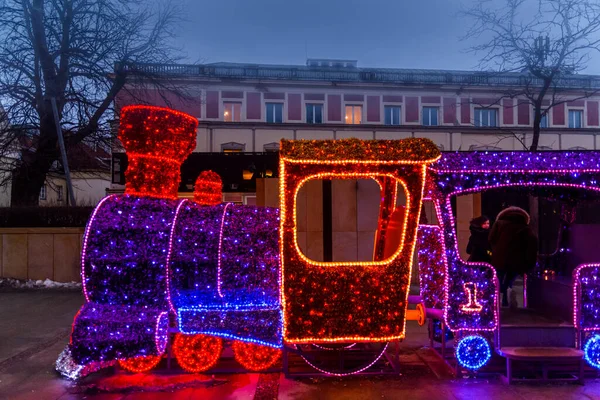 Train Christmas Illumination Warsaw Poland — Stok fotoğraf
