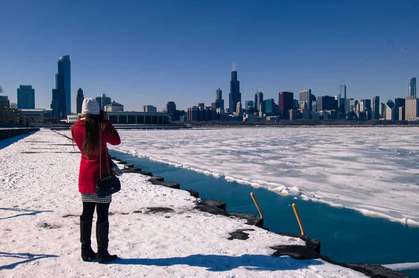 Чикаго Панорамний Вид Взимку Стокова Картинка