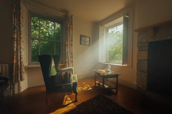 Pencereye bakan yeşil bir kanepe. Ormanda bir kulübede güneş ışığı var.