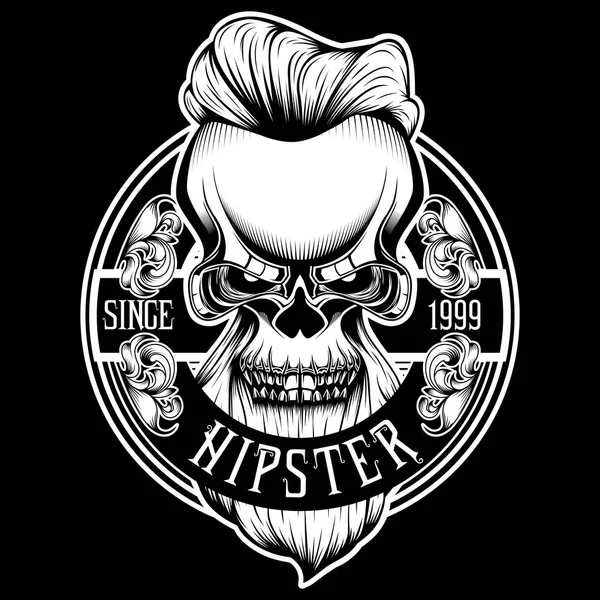 Vintage Badge Hipster Skull Beard Vector Hair Gentleman Tattoo Urban — Stock Vector