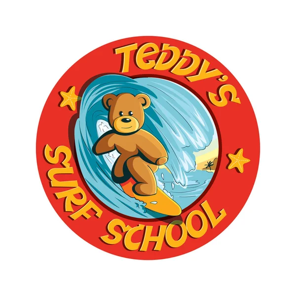 Cute Teddy Bear Cartoon Adventure Sport Παιδιά Surf Σχολείο Λογότυπο — Διανυσματικό Αρχείο
