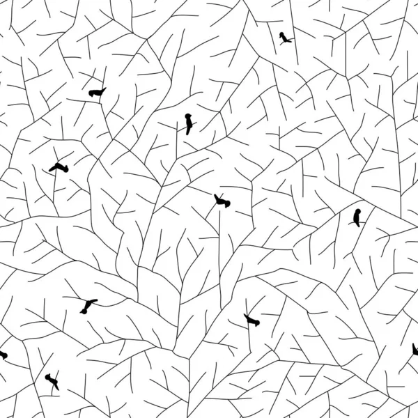 Oiseaux Arbres Branches Monochromes Lignes Sans Couture Motif Abstrait Fond — Image vectorielle