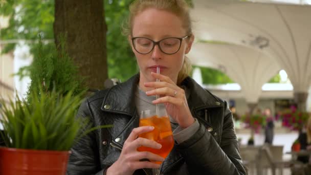 Blonde Frau mit Gläsern trinkt Cocktail in der Bar. Sommersprossige Hündin verbringt ihre Freizeit draußen. — Stockvideo