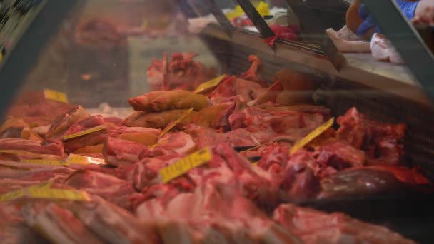 Gros plan de différents morceaux de viande crue sur le marché . — Video