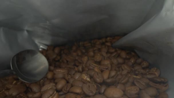 Soczewka sondy przesuwa się obok łyżeczki, jak to trwa kilka ziaren kawy. — Wideo stockowe