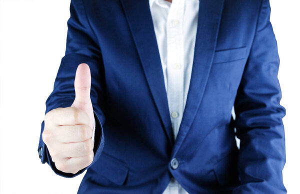 Businessman showing thumbs up isolated on white background