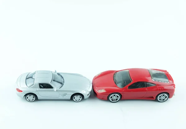 Close up of two cars accident, car crash insurance.Transport and accident concept on white background