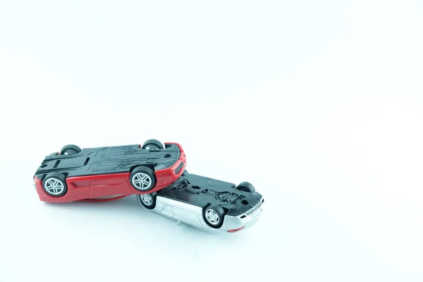 Close up of two cars accident, car crash insurance.Transport and accident concept on white background