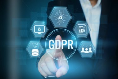 Gdpr - genel veri koruma yönetmeliği kavramı, yaratıcı tasarım afiş için işadamı işaretleme simgesi