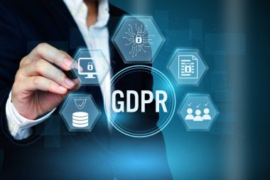 Gdpr - genel veri koruma yönetmeliği kavramı, yaratıcı tasarım afiş için işadamı işaretleme simgesi