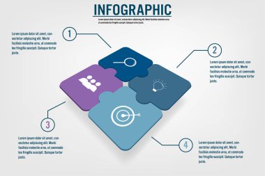 İş Infographic şablonuyla 4 seçenekleri jigsaw şekli, Soyut öğeler diyagramı, parçalar veya işlemlerin ve iş düz simgesi, vektör iş şablonu sunum için. Creative Infographic konsepti