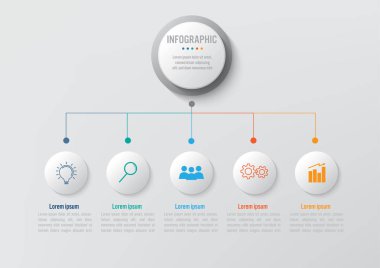 İş Infographic Şablon 5 seçeneği yuvarlak şekli, Soyut öğeler diyagramı veya işlemleri ve iş düz simgesi, vektör iş şablonu sunumu için. Creative Infographic konsepti