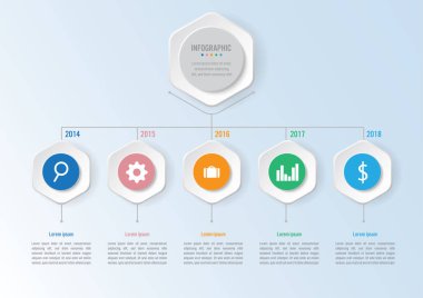 İş Infographic şablonuyla 5 seçeneği çokgen şekli, Soyut öğeler diyagramı ve iş düz simgesi, vektör iş şablonu sunumu için. Creative Infographic konsepti