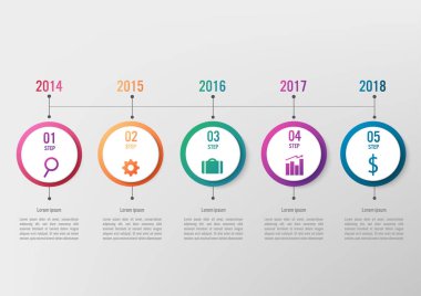İş Infographic Şablon 5 seçeneği ile daire şekli, Soyut öğeler diyagramı veya işlemleri ve iş düz simgesi, vektör iş şablonu sunumu için. Creative Infographic konsepti.