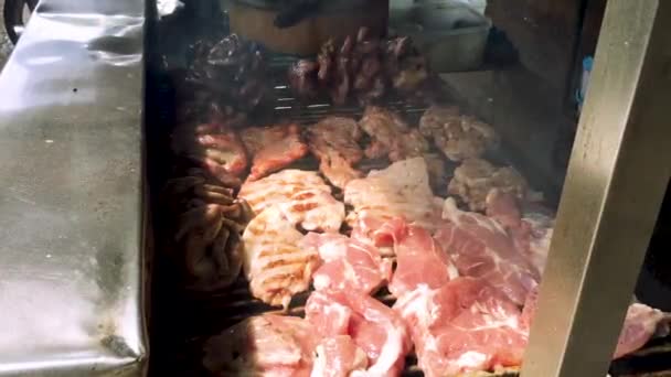 Zbliżenie Grillowanie Świeżej Wieprzowiny Grill — Wideo stockowe