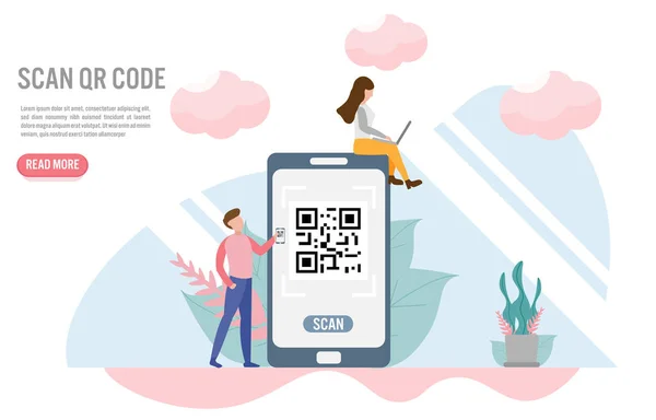 Scan QR code. Payment concepts with character — Stock Vector